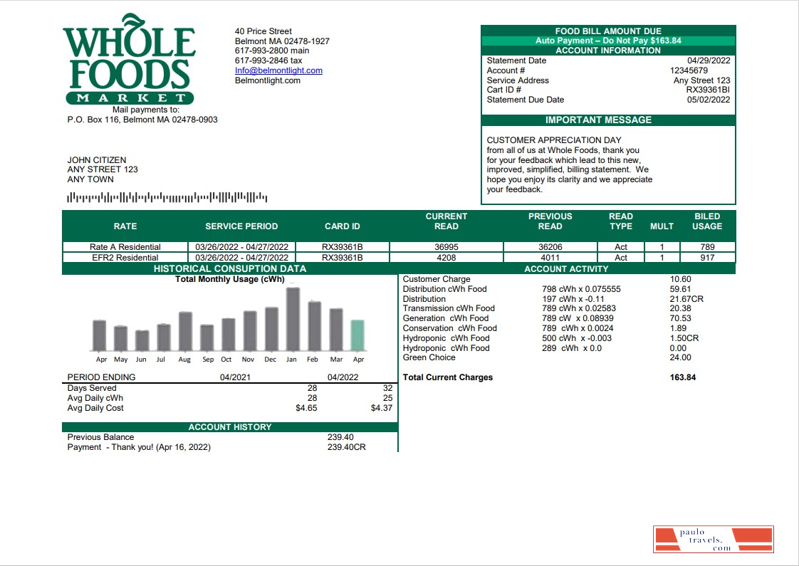 USA Whole Foods Market utility bill template in Word and PDF format